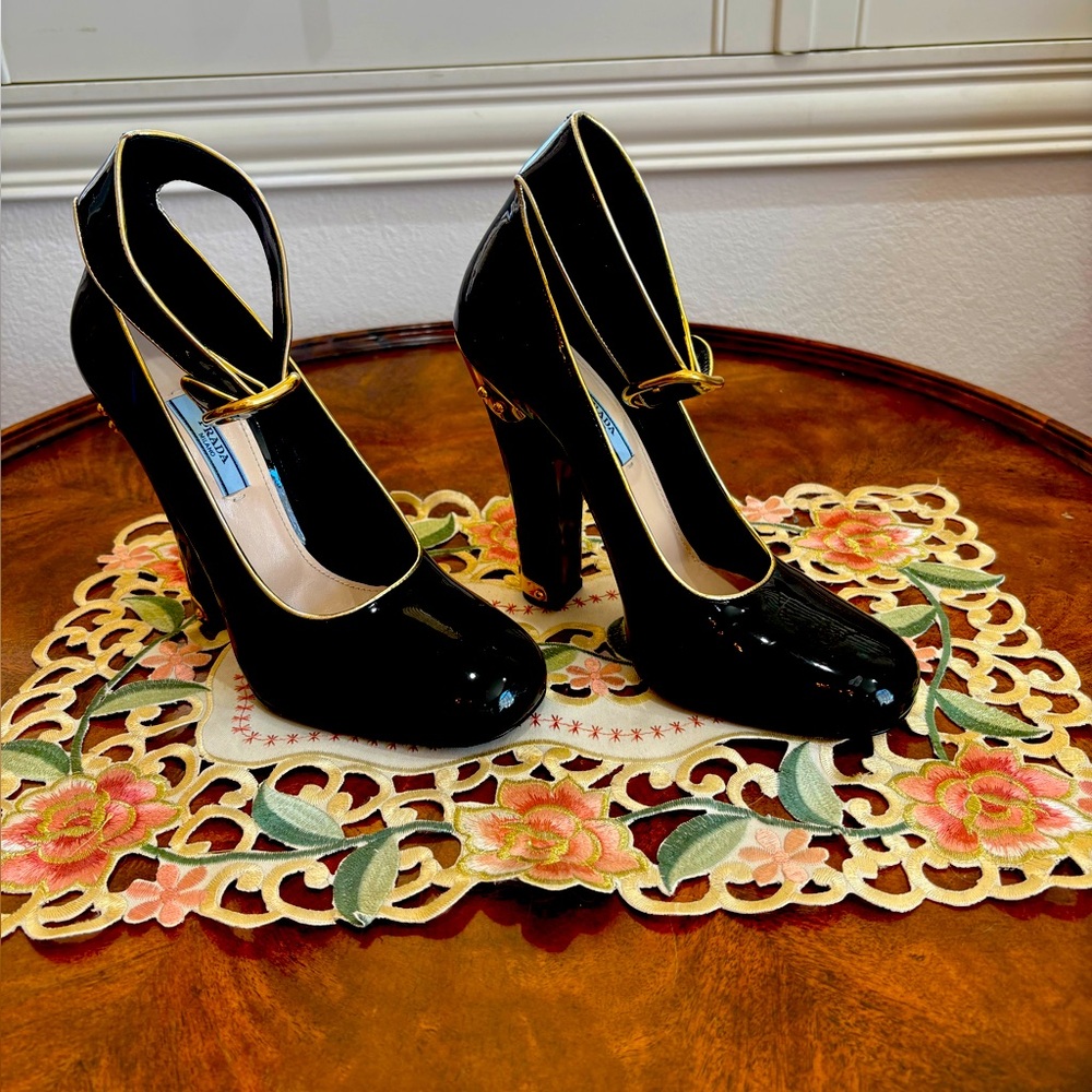 Prada Black Patent Leather Heels with Gold Accents